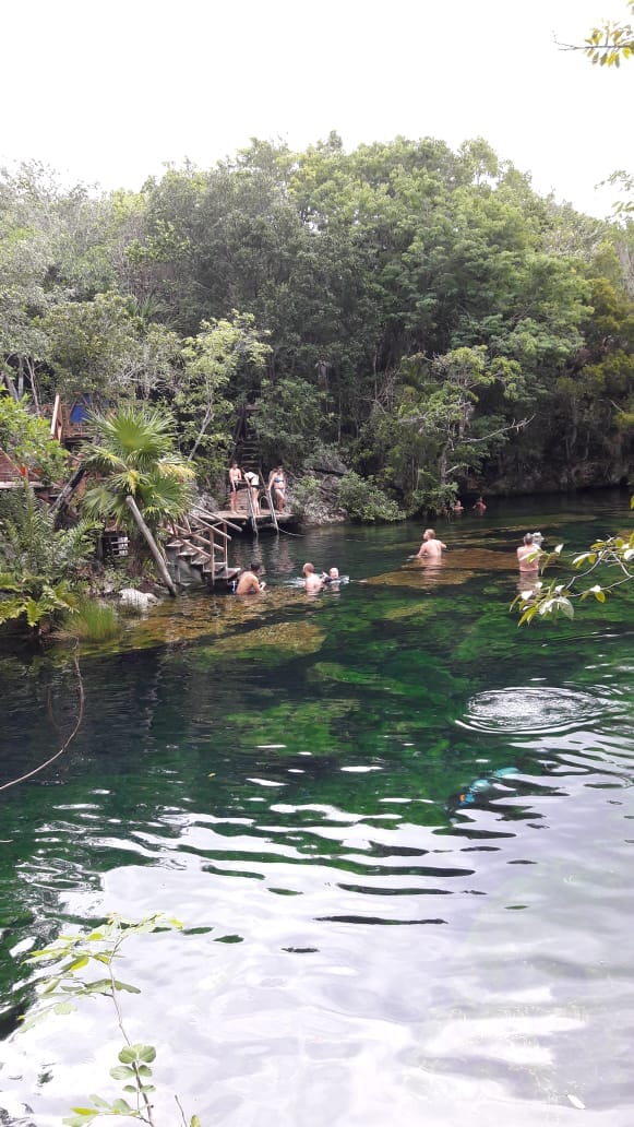 Family diving in open-air cenote